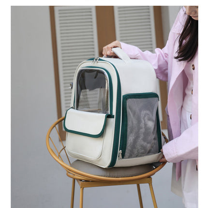 Beige And Pink Spacious Pet Carrier Backpack with Clear Window - Comfortable Travel Bag for Cats & Small Dogs.