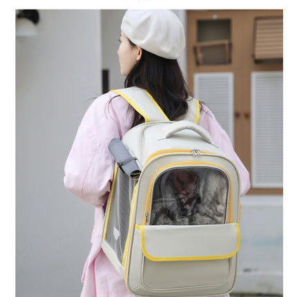 Beige And Pink Spacious Pet Carrier Backpack with Clear Window - Comfortable Travel Bag for Cats & Small Dogs.
