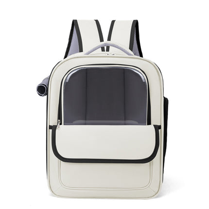 Beige And Black Spacious Pet Carrier Backpack with Clear Window - Comfortable Travel Bag for Cats & Small Dogs.