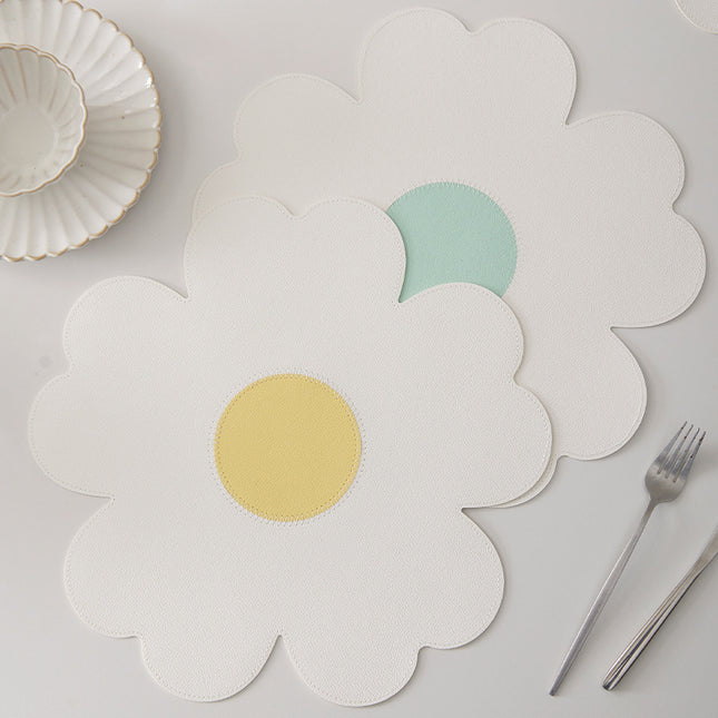 White Background With Yellow Heart + Blue Heart Set of 6 Reversible Flower Shaped Placemats - Waterproof PU Leather Dining Table Mats.