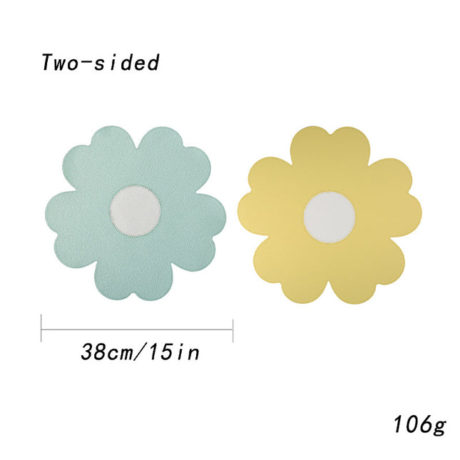 Blue Background With White Heart + Blue Background Set of 6 Reversible Flower Shaped Placemats - Waterproof PU Leather Dining Table Mats.