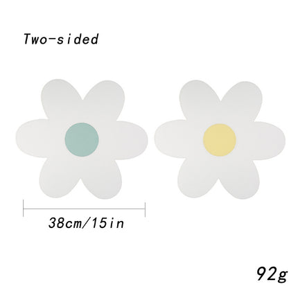 White Background With Blue Heart + Yellow Heart Set of 6 Reversible Flower Shaped Placemats - Waterproof PU Leather Dining Table Mats.