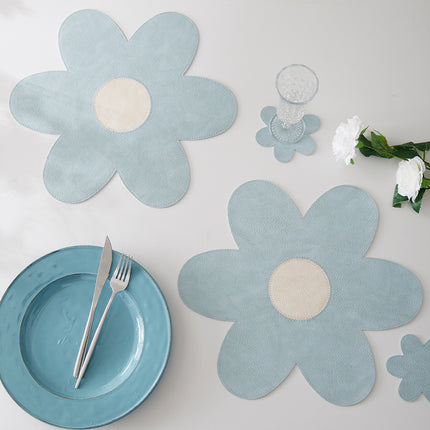 White Background With Blue Heart + Yellow Heart Set of 6 Reversible Flower Shaped Placemats - Waterproof PU Leather Dining Table Mats.