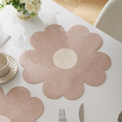 White Background With Blue Heart + Yellow Heart Set of 6 Reversible Flower Shaped Placemats - Waterproof PU Leather Dining Table Mats.