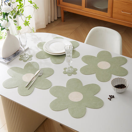 White Background With Blue Heart + Yellow Heart Set of 6 Reversible Flower Shaped Placemats - Waterproof PU Leather Dining Table Mats.