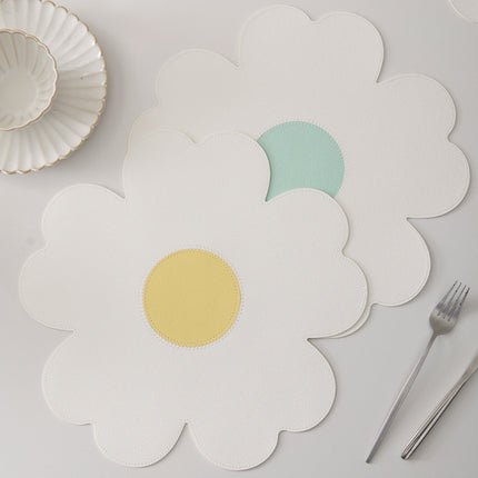 Blue Background With White Heart + Blue Background Set of 6 Reversible Flower Shaped Placemats - Waterproof PU Leather Dining Table Mats.