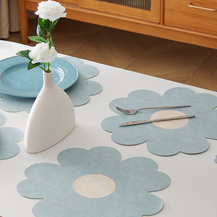 Blue Background With White Heart + Blue Background Set of 6 Reversible Flower Shaped Placemats - Waterproof PU Leather Dining Table Mats.
