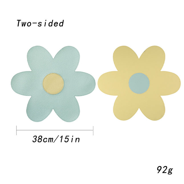 Blue Background With Yellow Heart + Yellow Background With Blue Heart Set of 6 Reversible Flower Shaped Placemats - Waterproof PU Leather Dining Table Mats.