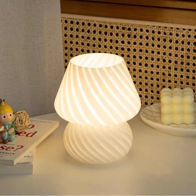 White Retro Swirl Glass Mushroom Table Lamp - USB Powered 3-Level Dimmable Bedside Accent Light.