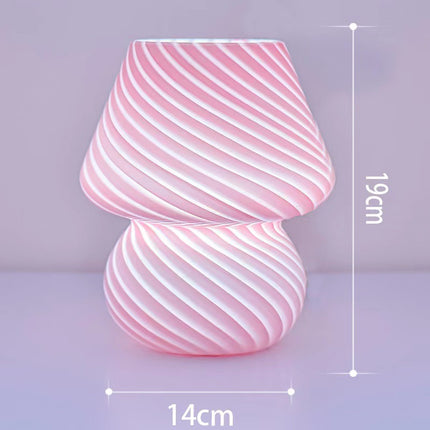 Pink Retro Swirl Glass Mushroom Table Lamp - USB Powered 3-Level Dimmable Bedside Accent Light.