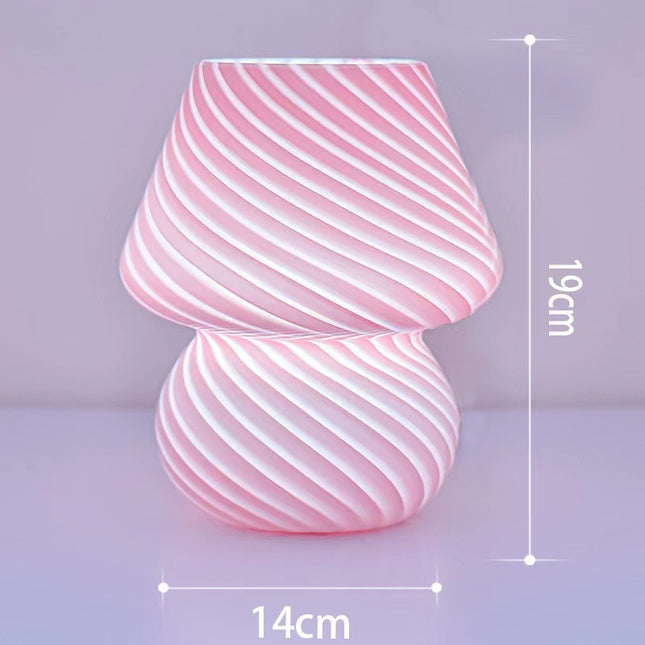 Pink Retro Swirl Glass Mushroom Table Lamp - USB Powered 3-Level Dimmable Bedside Accent Light.