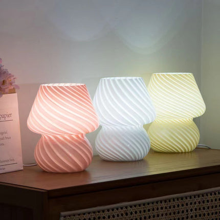 Pink Retro Swirl Glass Mushroom Table Lamp - USB Powered 3-Level Dimmable Bedside Accent Light.