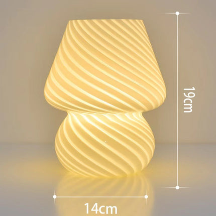 Yellow Retro Swirl Glass Mushroom Table Lamp - USB Powered 3-Level Dimmable Bedside Accent Light.