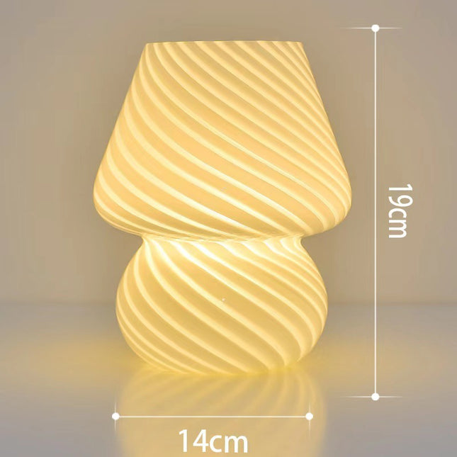 Yellow Retro Swirl Glass Mushroom Table Lamp - USB Powered 3-Level Dimmable Bedside Accent Light.