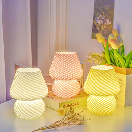 Yellow Retro Swirl Glass Mushroom Table Lamp - USB Powered 3-Level Dimmable Bedside Accent Light.