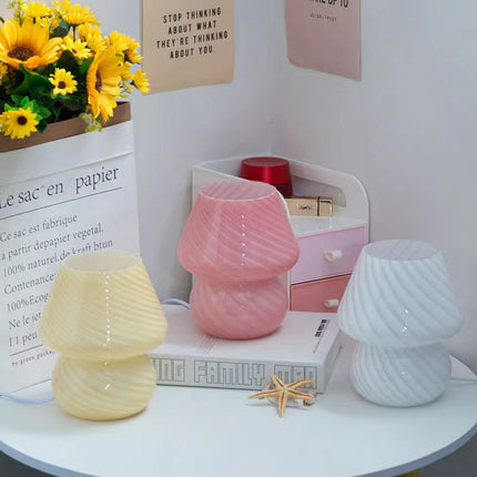 Yellow Retro Swirl Glass Mushroom Table Lamp - USB Powered 3-Level Dimmable Bedside Accent Light.