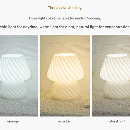 Yellow Retro Swirl Glass Mushroom Table Lamp - USB Powered 3-Level Dimmable Bedside Accent Light.