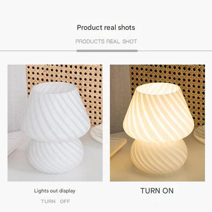 Yellow Retro Swirl Glass Mushroom Table Lamp - USB Powered 3-Level Dimmable Bedside Accent Light.