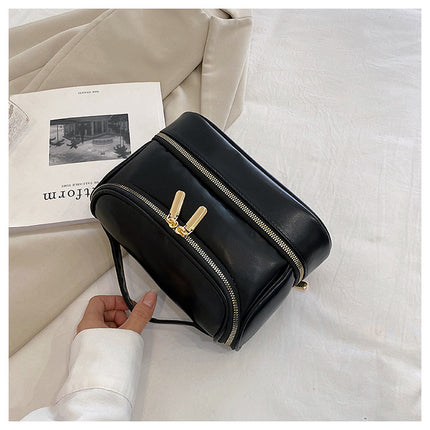 Black Large Capacity Double Layer PU Leather Makeup Bag - Portable Travel Cosmetic Organizer Case.