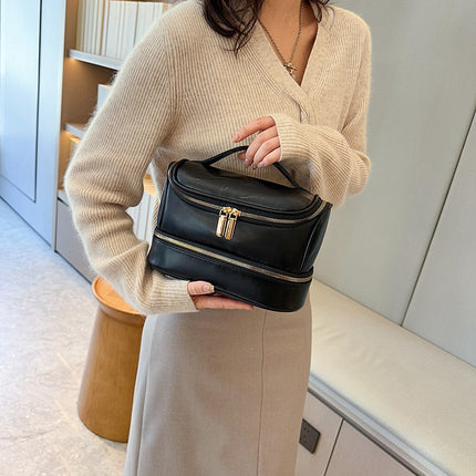 Black Large Capacity Double Layer PU Leather Makeup Bag - Portable Travel Cosmetic Organizer Case.