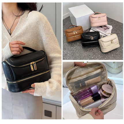 Black Large Capacity Double Layer PU Leather Makeup Bag - Portable Travel Cosmetic Organizer Case.