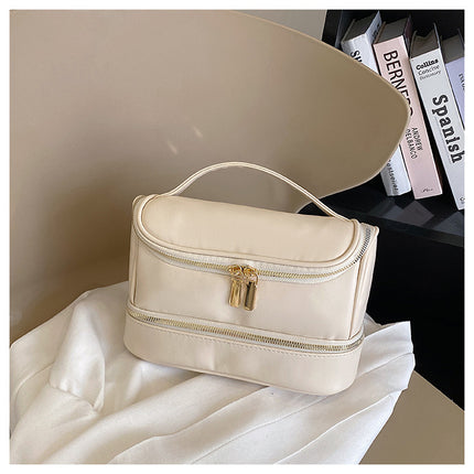Beige Large Capacity Double Layer PU Leather Makeup Bag - Portable Travel Cosmetic Organizer Case.