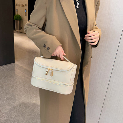 Beige Large Capacity Double Layer PU Leather Makeup Bag - Portable Travel Cosmetic Organizer Case.