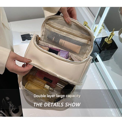 Beige Large Capacity Double Layer PU Leather Makeup Bag - Portable Travel Cosmetic Organizer Case.