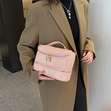 Pink Large Capacity Double Layer PU Leather Makeup Bag - Portable Travel Cosmetic Organizer Case.