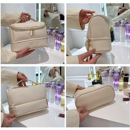 Pink Large Capacity Double Layer PU Leather Makeup Bag - Portable Travel Cosmetic Organizer Case.