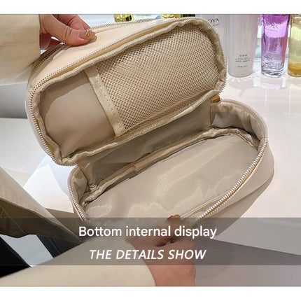 Pink Large Capacity Double Layer PU Leather Makeup Bag - Portable Travel Cosmetic Organizer Case.
