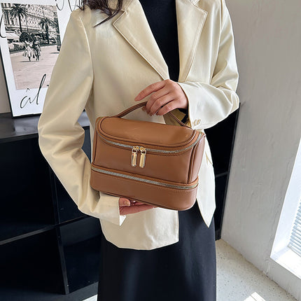 Brown Large Capacity Double Layer PU Leather Makeup Bag - Portable Travel Cosmetic Organizer Case.
