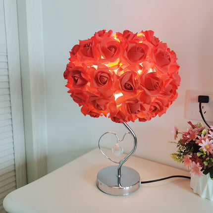 Red Roses And Silver Base Romantic Red Rose Flower Table Lamp - Crystal Heart Accent Bedside Night Light.