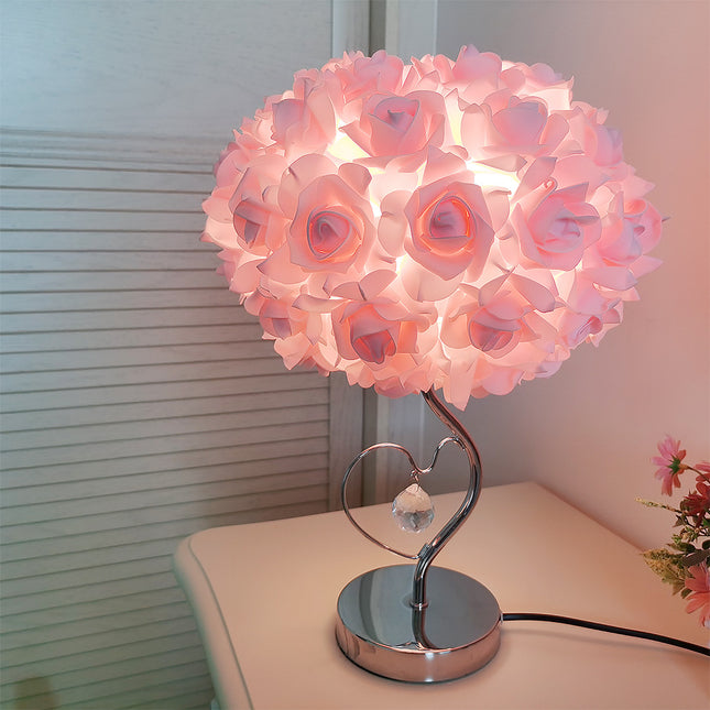Pink Roses And Silver Base Romantic Red Rose Flower Table Lamp - Crystal Heart Accent Bedside Night Light.