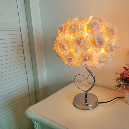 Yellow Roses And Silver Base Romantic Red Rose Flower Table Lamp - Crystal Heart Accent Bedside Night Light.