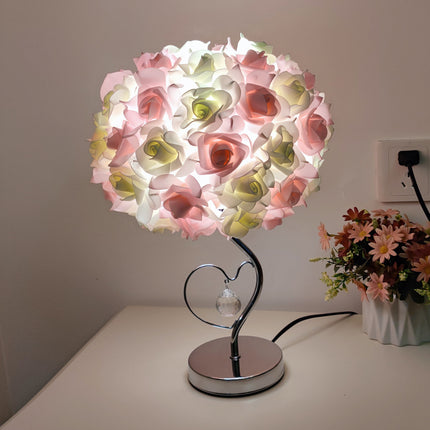 Pink,Green Roses And Silver Base Romantic Red Rose Flower Table Lamp - Crystal Heart Accent Bedside Night Light.