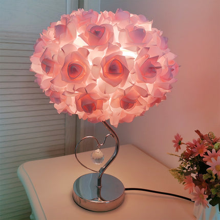 Pink,Green Roses And Silver Base Romantic Red Rose Flower Table Lamp - Crystal Heart Accent Bedside Night Light.