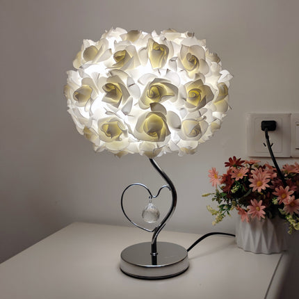 Beige Roses And Silver Base Romantic Red Rose Flower Table Lamp - Crystal Heart Accent Bedside Night Light.