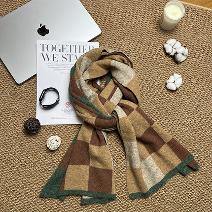 Brown,Khaki And Green Unisex Retro Checkered Knit Scarf - Soft Thick Winter Shawl Wrap.