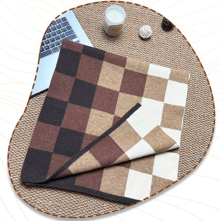 Brown,Khaki And Green Unisex Retro Checkered Knit Scarf - Soft Thick Winter Shawl Wrap.