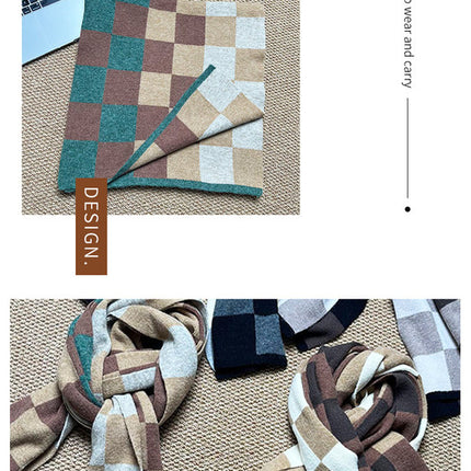 Brown,Khaki And Green Unisex Retro Checkered Knit Scarf - Soft Thick Winter Shawl Wrap.