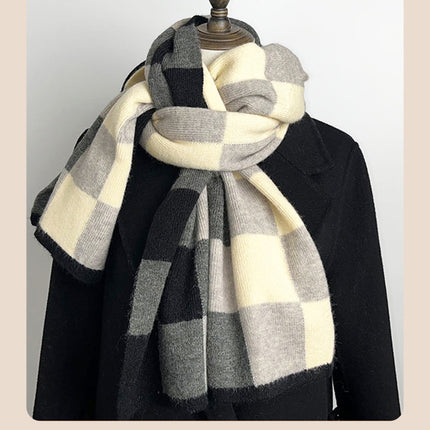 Black,Grey And Beige Unisex Retro Checkered Knit Scarf - Soft Thick Winter Shawl Wrap.