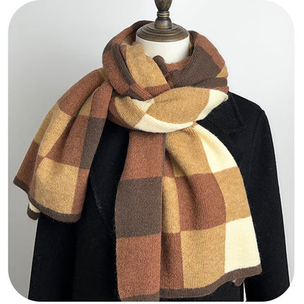 Black,Grey And Beige Unisex Retro Checkered Knit Scarf - Soft Thick Winter Shawl Wrap.