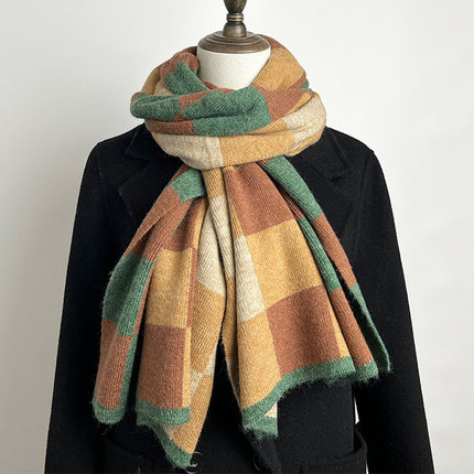 Black,Grey And Beige Unisex Retro Checkered Knit Scarf - Soft Thick Winter Shawl Wrap.