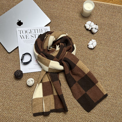 Coffee,Brown And Beige Unisex Retro Checkered Knit Scarf - Soft Thick Winter Shawl Wrap.