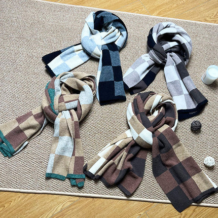 Coffee,Brown And Beige Unisex Retro Checkered Knit Scarf - Soft Thick Winter Shawl Wrap.