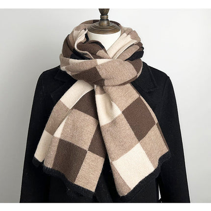 Coffee,Brown And Beige Unisex Retro Checkered Knit Scarf - Soft Thick Winter Shawl Wrap.