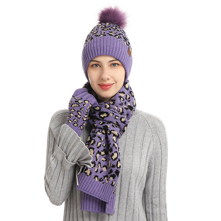 Purple Women's 3-Piece Winter Knit Set - Leopard Print Plush Lined Beanie Hat, Scarf & Touchscreen Gloves.