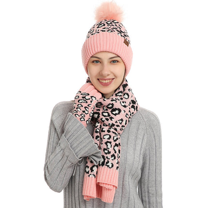 Pink Women's 3-Piece Winter Knit Set - Leopard Print Plush Lined Beanie Hat, Scarf & Touchscreen Gloves.