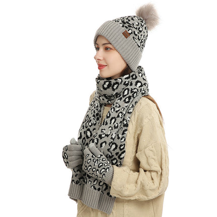 Light Grey Women's 3-Piece Winter Knit Set - Leopard Print Plush Lined Beanie Hat, Scarf & Touchscreen Gloves.